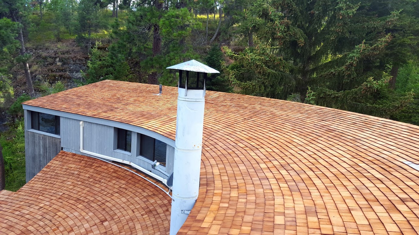 Cedar Shake Roofing on semi round home
